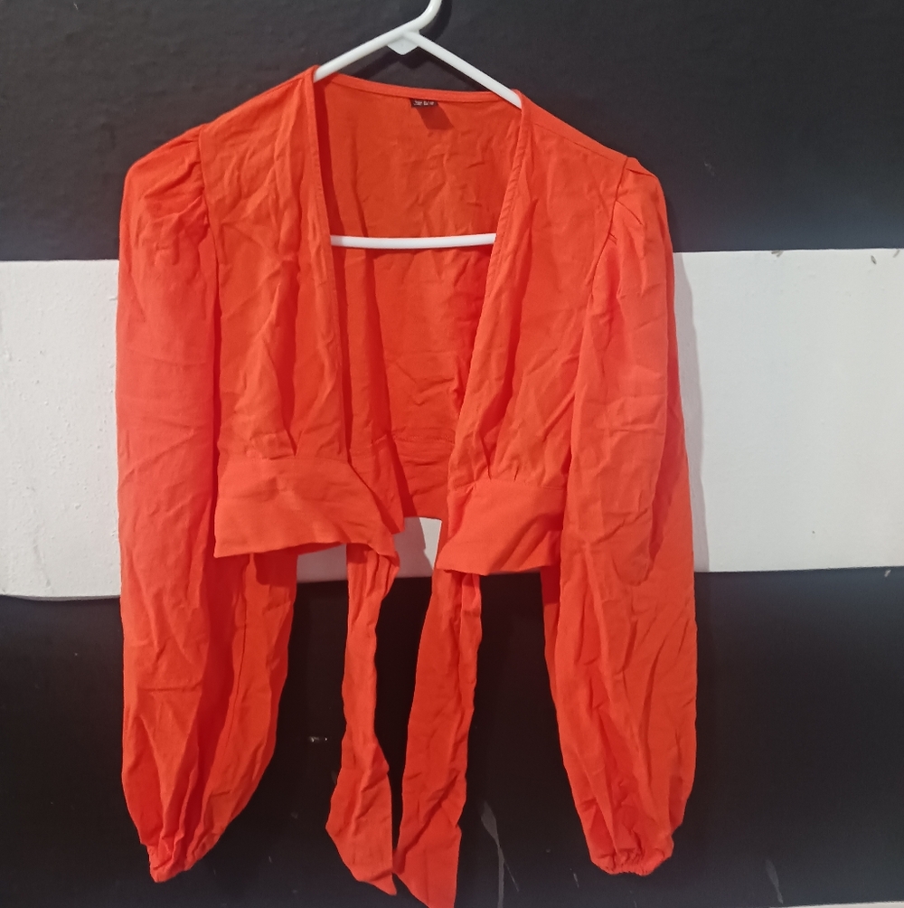 SHEIN Women Orange Puff Shoulders Tie Crop Top - Picture 3 of 7